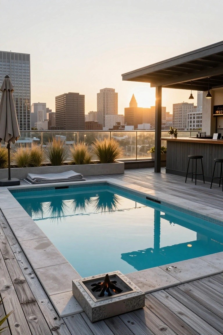 Rooftop deck with rectangular turquoise raised pool, light wood flooring, adjacent concrete fire pit, wooden bar counter with black stools, potted grasses, beige umbrella, and city skyline view at sunset.