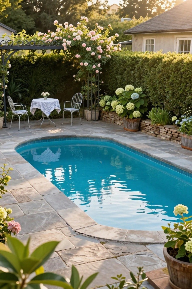 Oval turquoise swimming pool raised on gray tiled deck with stone coping, white bistro table and two iron chairs nearby, surrounded by green hedges, pink climbing roses on metal arch, potted hydrangeas, and other plants in a backyard.