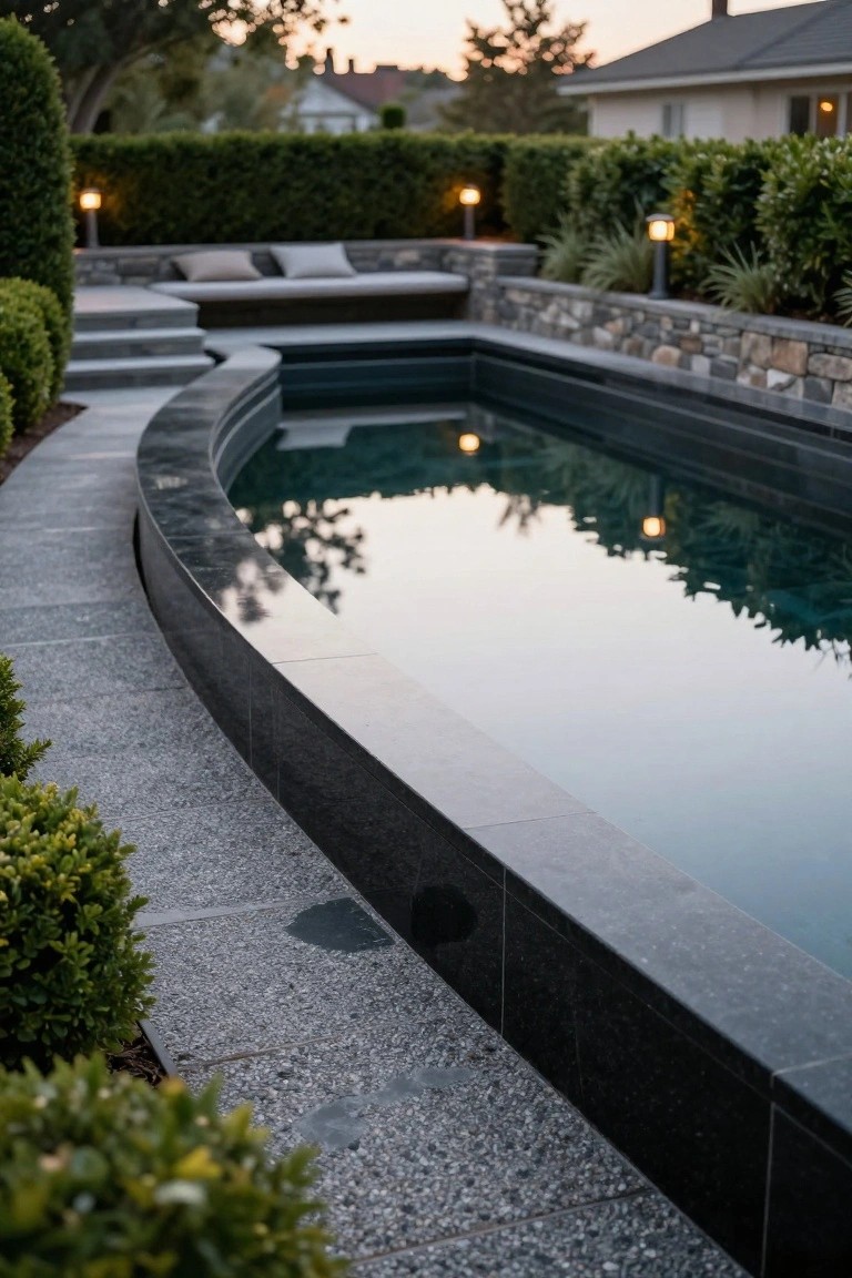 Curved raised swimming pool with black stone coping and pebble surround, flanked by boxwood shrubs, stone steps leading to bench seating, and lit lanterns against a hedge backdrop at dusk.