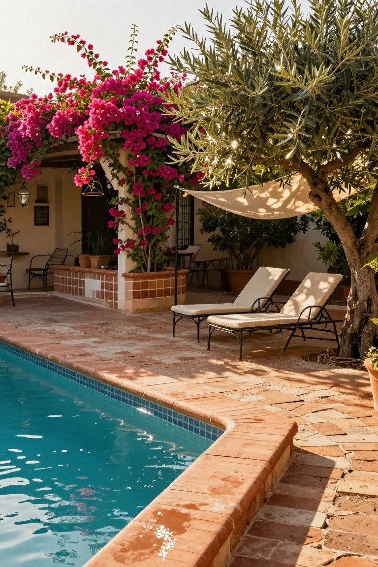 Raised-edge swimming pool with blue tiles and terracotta coping surrounded by terracotta paver patio, two beige lounge chairs under olive tree with canopy shade, bougainvillea vines on white archway structure, potted plants nearby
