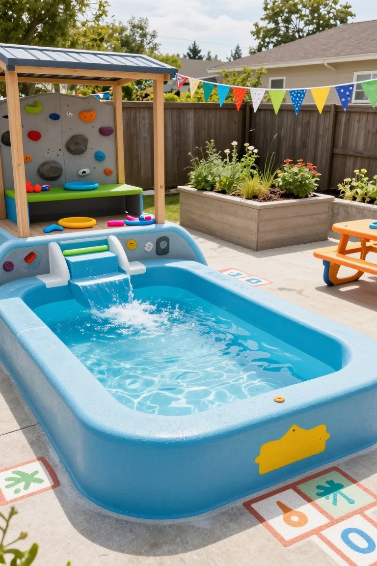 A backyard play area with a blue mini pool featuring a water slide, adjacent wooden climbing wall structure, green play bench, picnic table, garden beds, and colorful flags along a fence.
