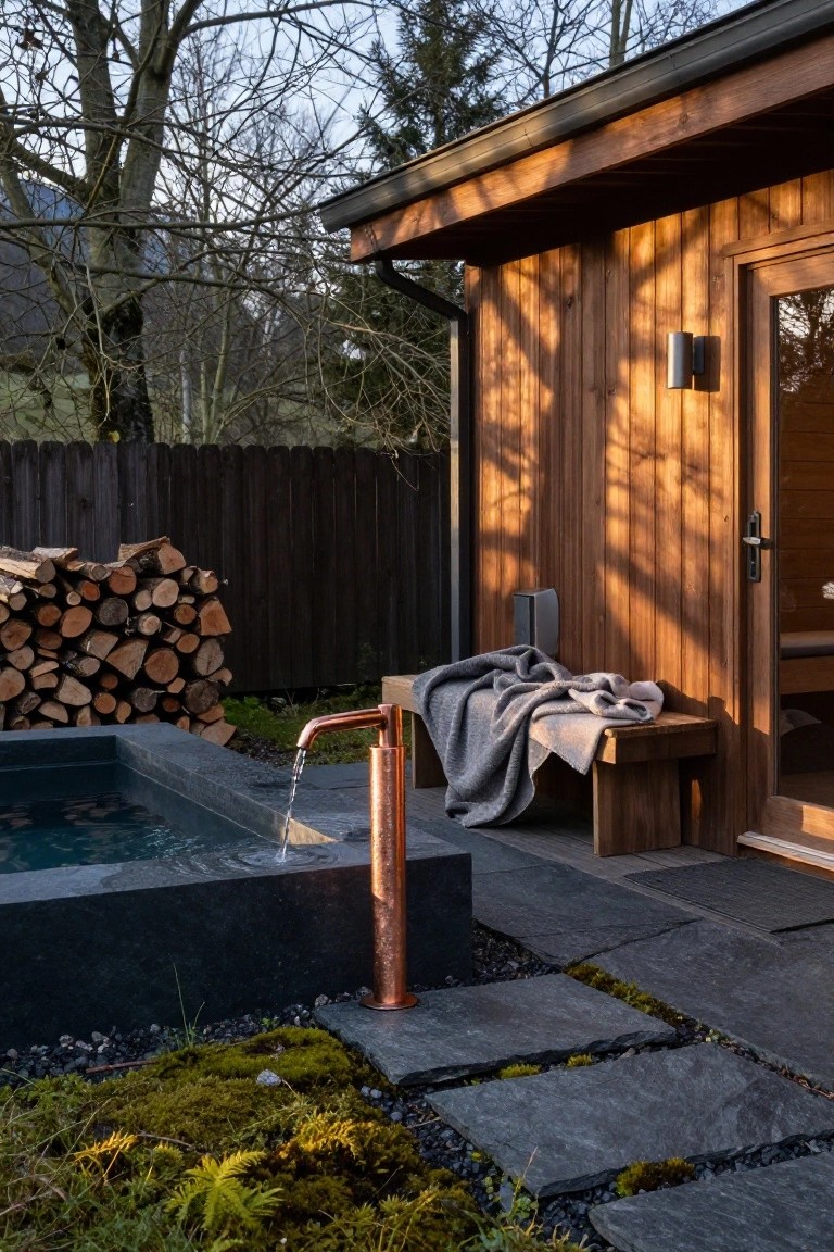 Wooden sauna cabin next to a small rectangular dark pool with water flowing from a tall copper faucet, stone pavers and mossy plants around, firewood stack and bench with gray blanket nearby, trees and fence in background.