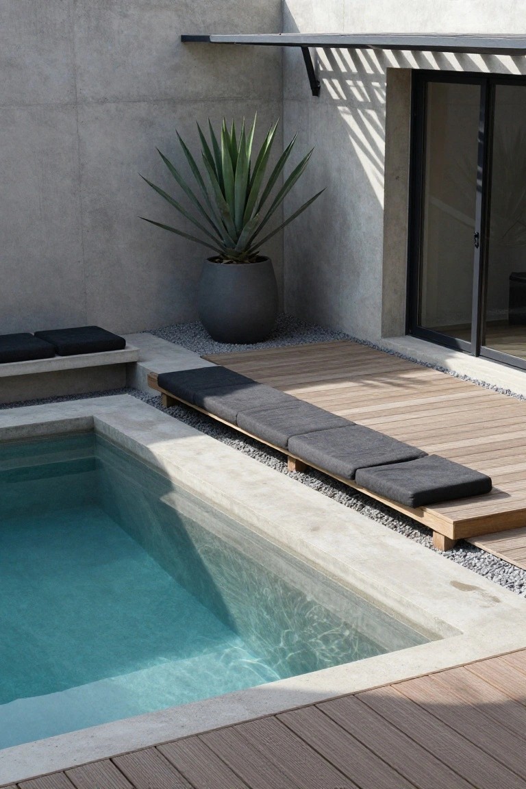 Small rectangular turquoise pool edged in concrete and gravel, with a wooden deck platform holding a long row of black cushions as bench seating, a potted agave plant, and a concrete wall with sliding glass doors nearby.