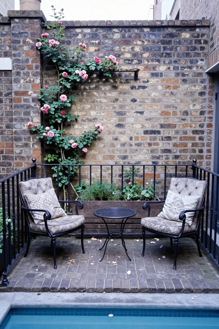 Small outdoor balcony terrace with two upholstered armchairs around a round metal table, climbing pink roses on brick walls, planter boxes with greenery, black iron railing, and a small rectangular blue-tiled plunge pool at the edge.