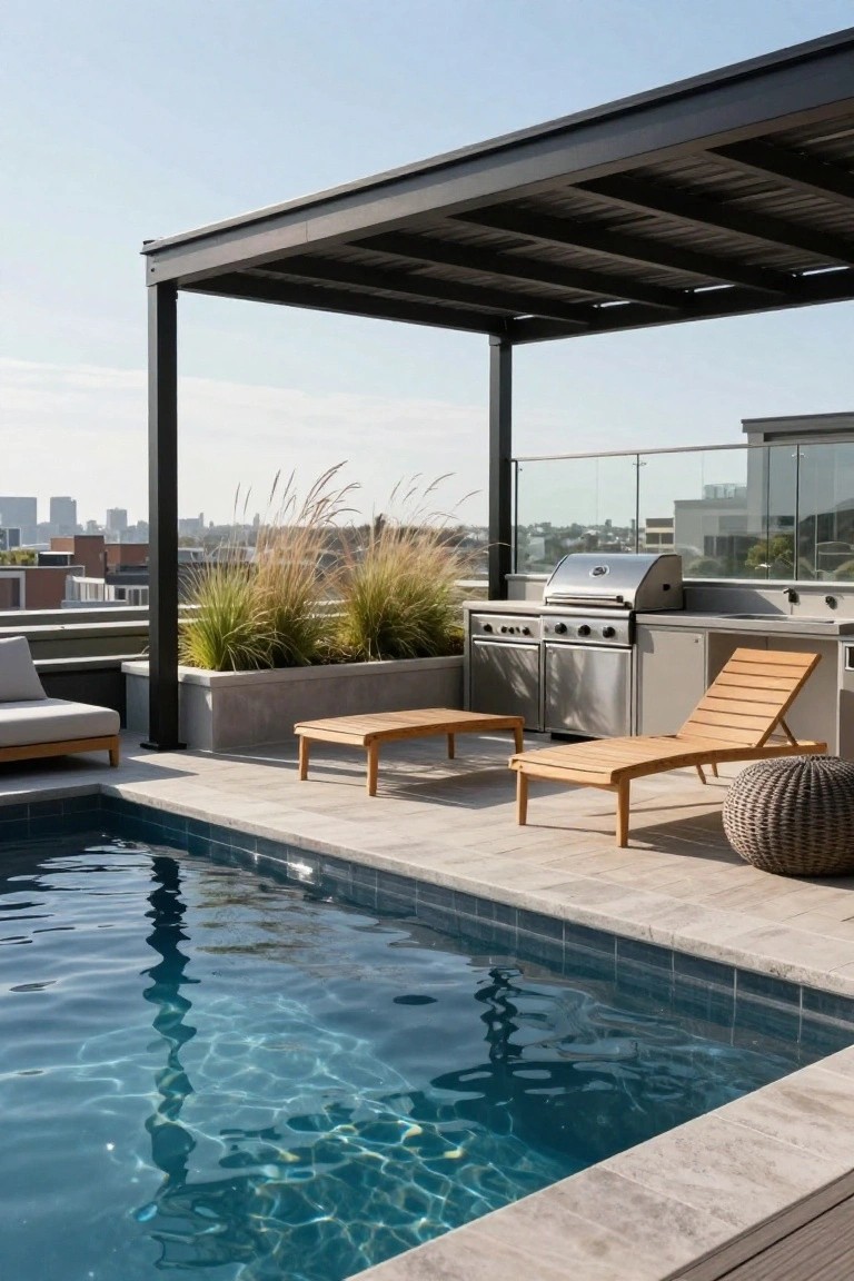 Rooftop terrace with small rectangular blue-tiled plunge pool, stainless steel gas grill and counter, teak lounge chairs and ottoman, potted tall grasses, and glass balustrade overlooking city buildings under partly cloudy sky.
