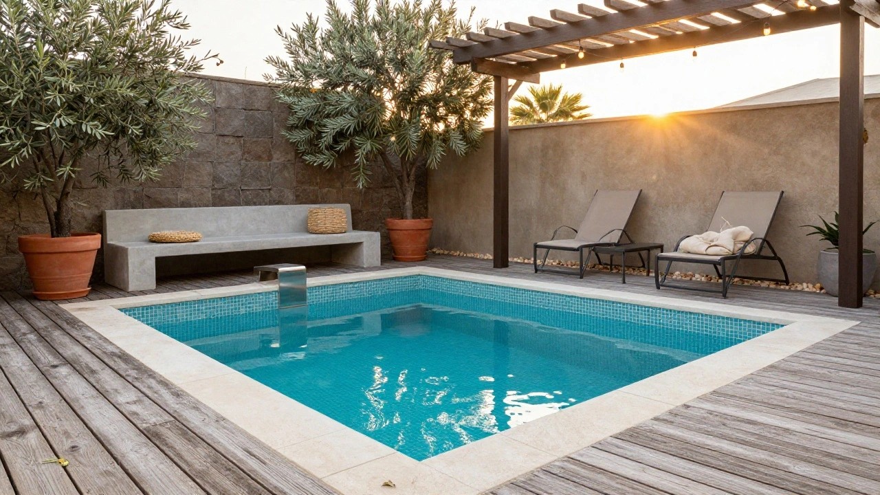 A narrow rectangular plunge pool with light blue mosaic tile edges and turquoise water, surrounded by wooden decking, a built-in bench, lounge chair, potted plants, olive tree, hedges, and string lights in a backyard at dusk.