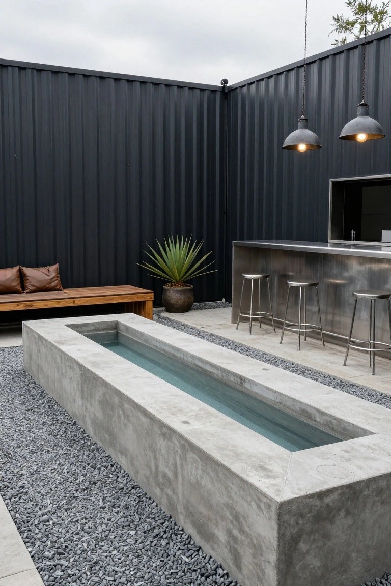 Long narrow concrete pool beside a stainless steel bar counter with three stools, wooden bench with cushions, potted agave plant, and hanging pendant lights against a dark corrugated metal fence in a backyard patio.