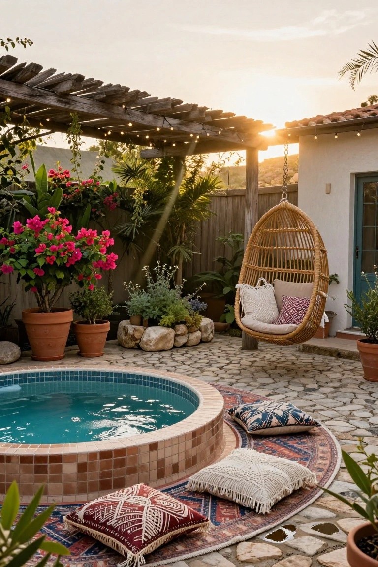 A backyard patio with a small round turquoise hot tub at the center, surrounded by a large patterned rug with floor pillows, potted plants, a hanging rattan egg chair, pebble flooring, and a wooden pergola strung with lights at sunset.