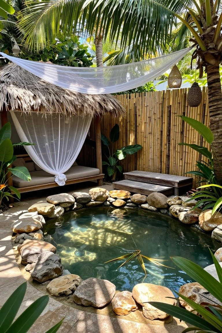 Small rock-lined green pond in a tropical backyard with lush plants, bamboo fencing, a thatched pavilion holding a draped white-netted daybed, and hanging lanterns.