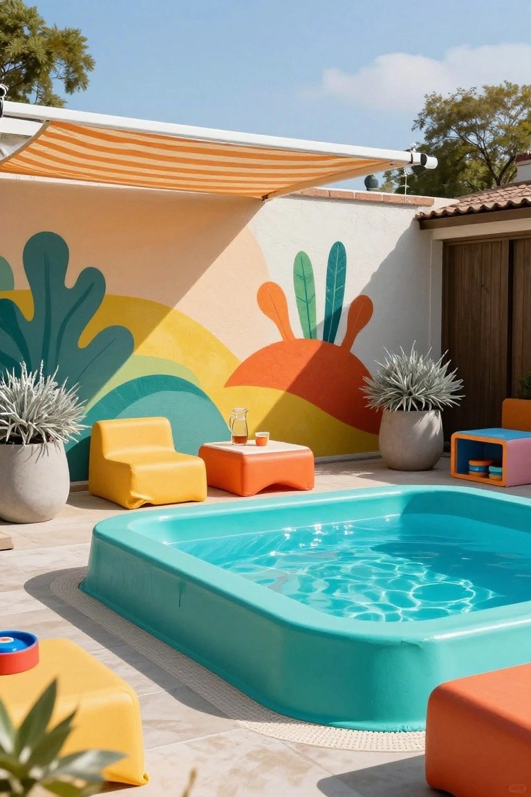 A turquoise rectangular mini pool in a sunny backyard patio area with yellow molded chairs, orange stools, potted plants, colorful modular furniture, and a vibrant green and orange mural on a white stucco wall under an orange and white striped awning.