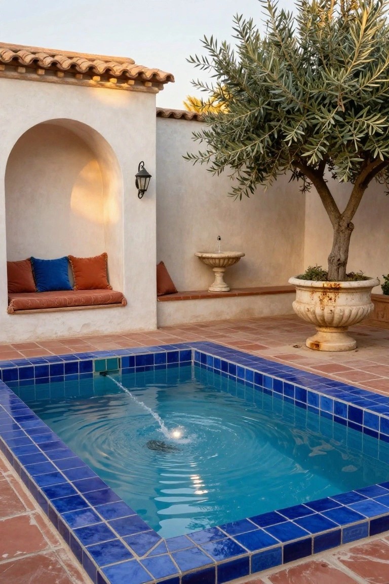 Small rectangular plunge pool with blue tiles and central fountain in a terracotta-tiled courtyard surrounded by white stucco walls with arched built-in seating, olive tree in urn, and wall fountain.