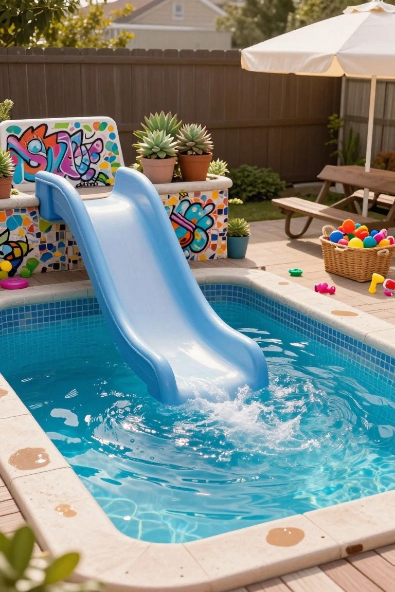 Small backyard swimming pool with blue plastic slide featuring colorful graffiti artwork on the base, surrounded by potted succulents, a wooden picnic bench, basket of colorful balls, and toys on the pool deck.