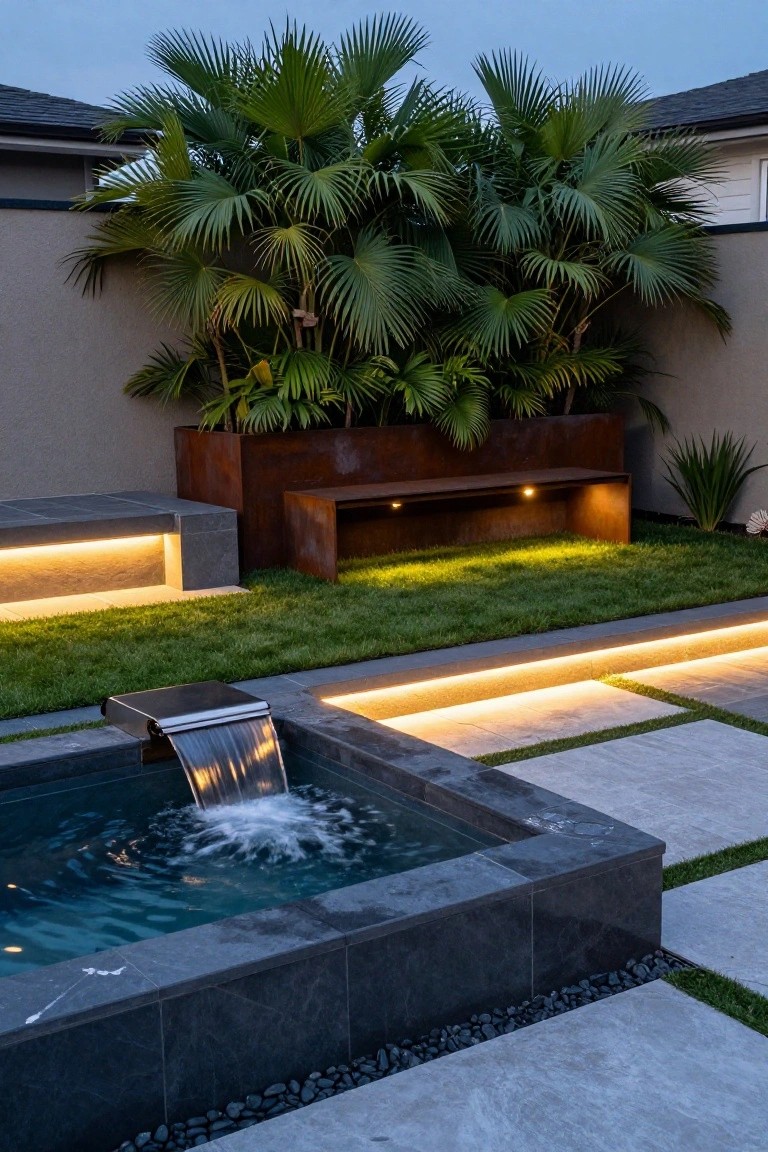 Small rectangular pool with black stone lining and stainless steel waterfall spout pouring water into it, surrounded by LED strip lights, concrete pavers, grass, plants, and a metal bench in a backyard at dusk.