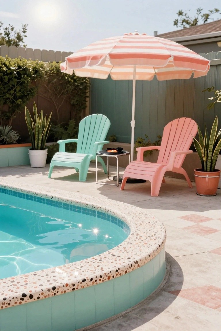 Pink and mint lounge chairs by a sunny backyard pool.