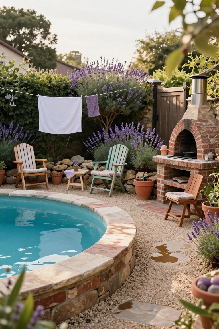 Curved turquoise mini pool edged in stone, surrounded by gravel path with wooden Adirondack chairs in natural and green finishes, small table, brick outdoor oven, potted plants, lavender bushes, and clothesline with towels in a backyard.