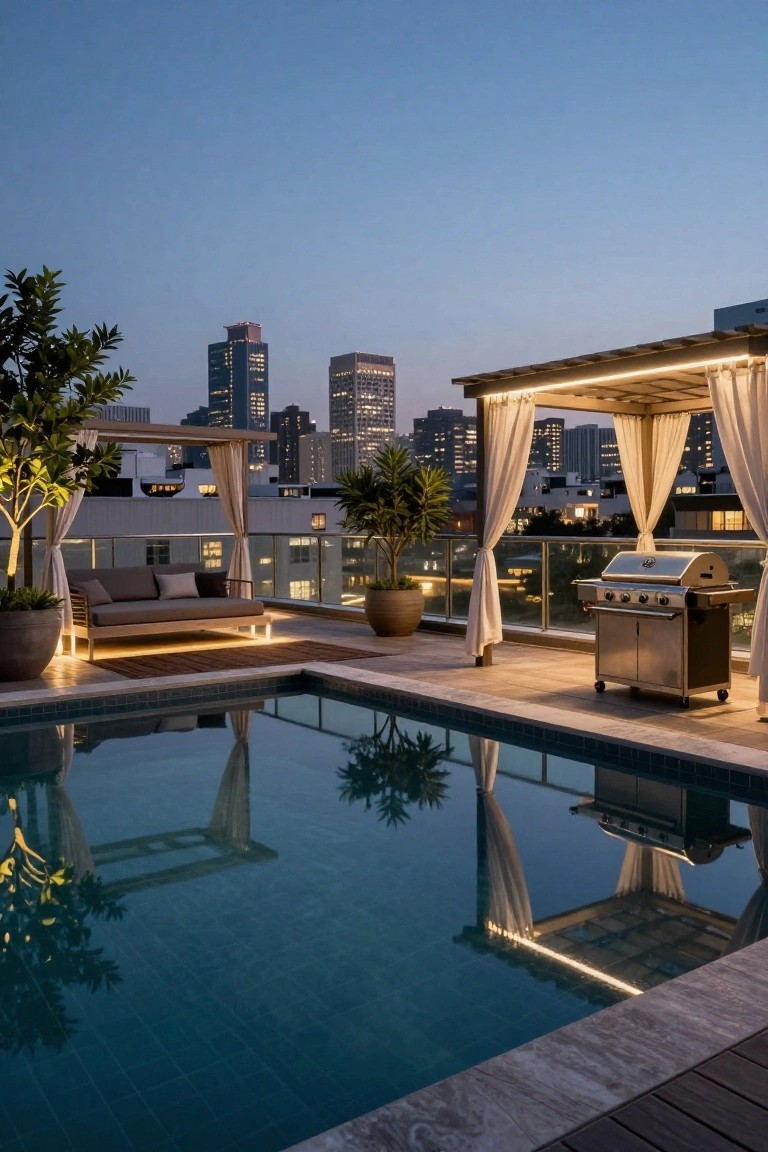Rooftop terrace with narrow rectangular turquoise pool, wooden pergola with white draped curtains, gray outdoor sofa, stainless steel barbecue grill, potted plants, and city high-rises at dusk.