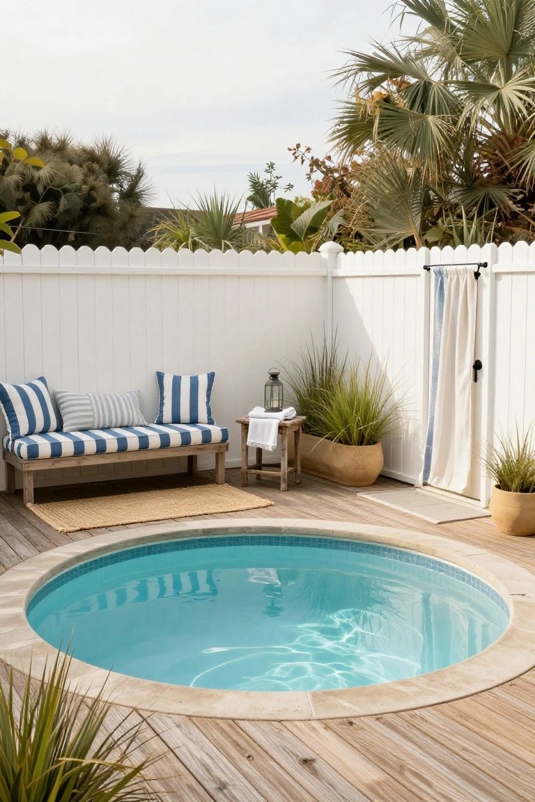 A small circular turquoise pool embedded in a wooden deck, next to a cushioned bench on a seagrass rug, with potted grasses, a lantern table, and white picket fence with outdoor shower enclosure.