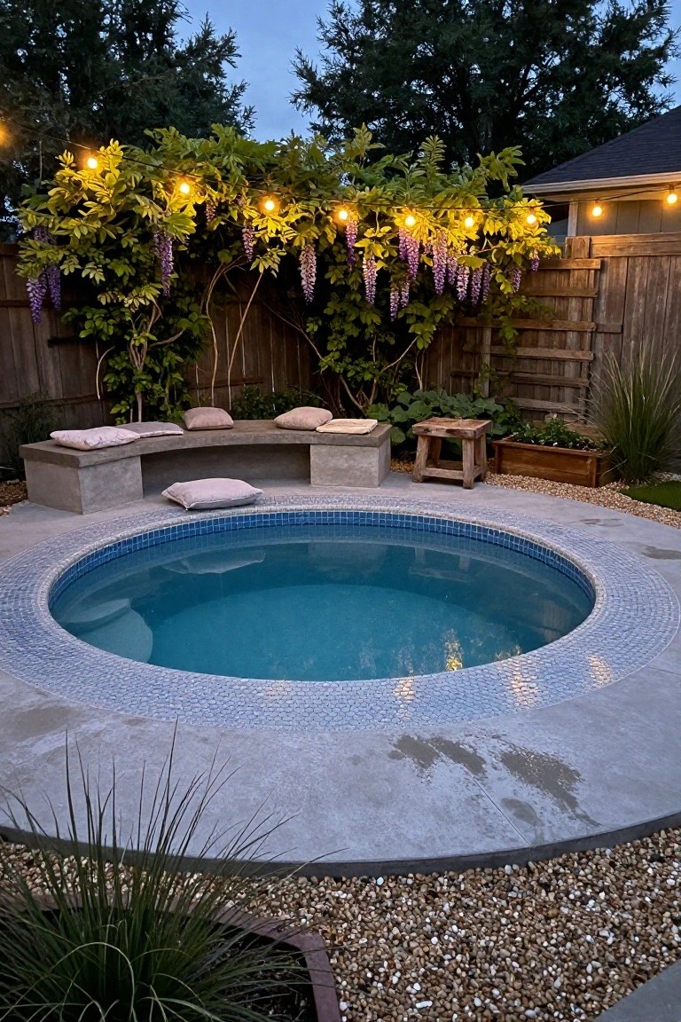 A small circular blue-tiled pool surrounded by a curved concrete bench with beige cushions, under wisteria vines strung with yellow lights along a wooden fence in a backyard at dusk.