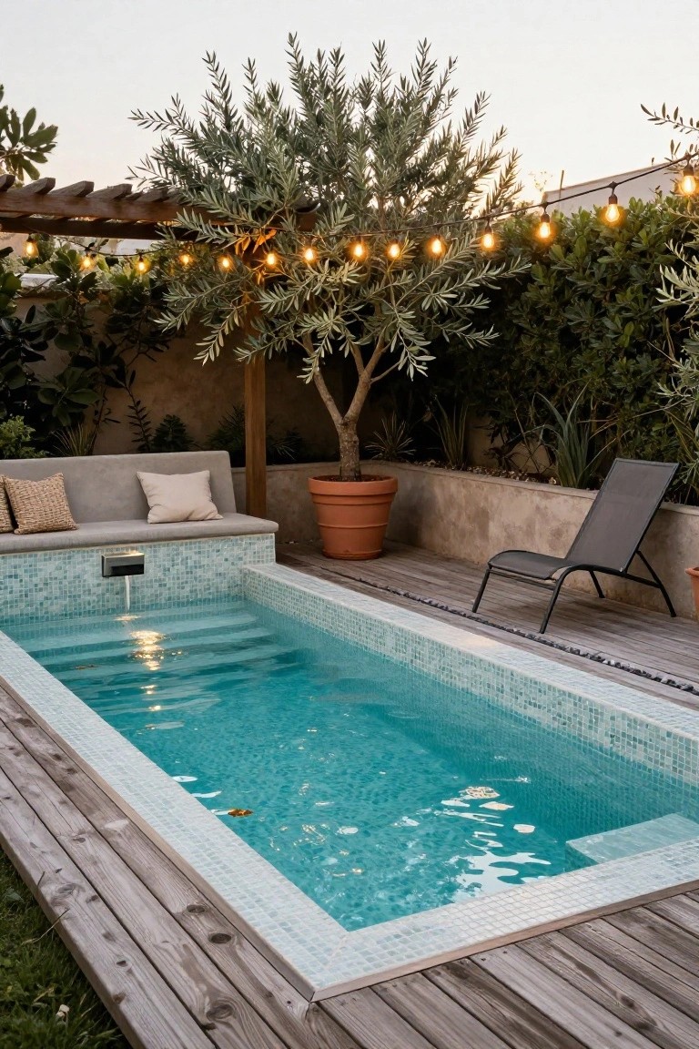 A narrow rectangular plunge pool with light blue mosaic tile edges and turquoise water, surrounded by wooden decking, a built-in bench, lounge chair, potted plants, olive tree, hedges, and string lights in a backyard at dusk.