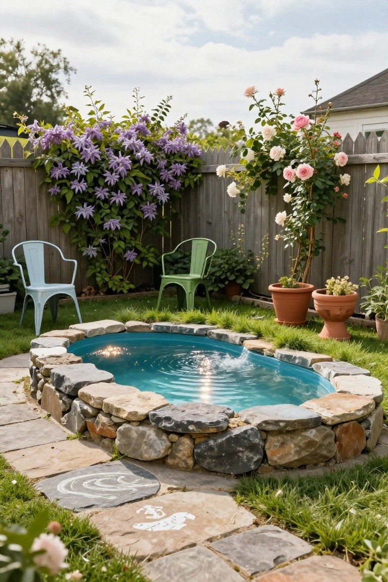 Small oval turquoise pool with natural stone edging in a grassy backyard, flanked by two colorful metal chairs, potted plants, climbing purple flowers on a wooden fence, and a stone path nearby.