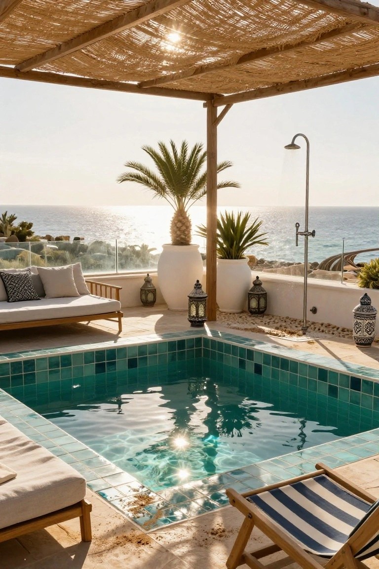 Sunny balcony terrace with a small turquoise-tiled rectangular plunge pool, wooden lounge chairs, potted palms and plants, lanterns, outdoor shower, and ocean view.