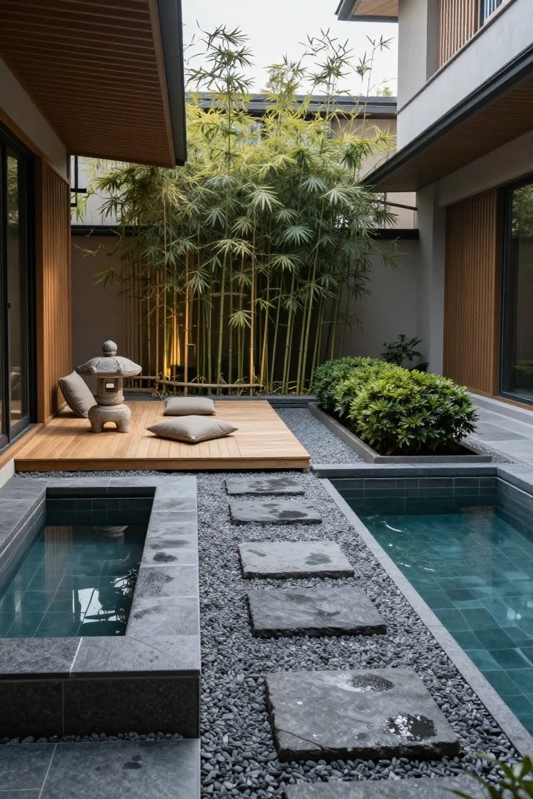 Modern zen-style courtyard with wooden deck platform holding gray cushions and stone lantern, tall bamboo screen, low boxwood hedge, gravel ground with irregular stone stepping stones between two narrow rectangular pools with teal water and dark slate tile edges, surrounded by wood-clad house walls.