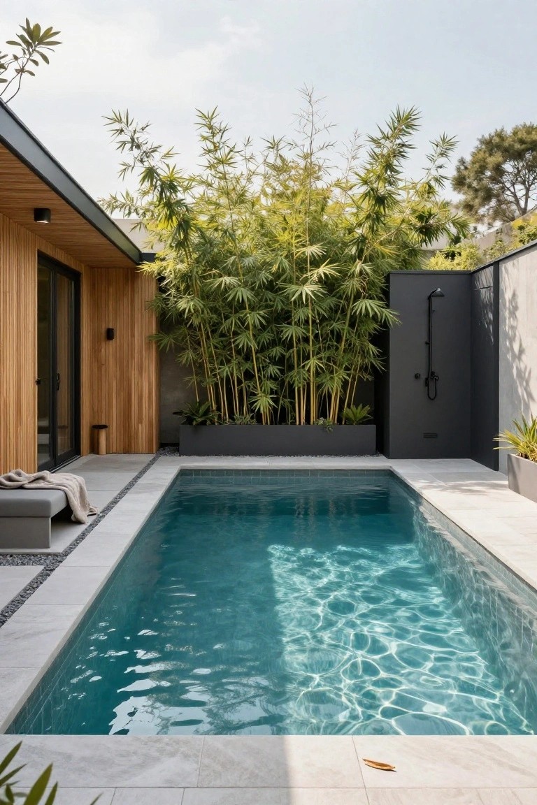 22 Gorgeous Inground Pool Landscaping That Transforms Any Yard Narrow turquoise inground pool in a paved courtyard surrounded by tall green bamboo in a black planter, wooden cabin wall, black outdoor shower, gray lounger with towel, and pebble edging.