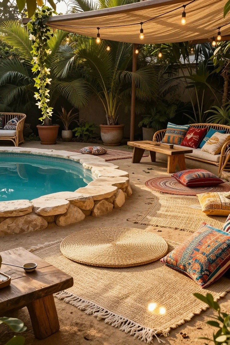 22 Gorgeous Inground Pool Landscaping That Transforms Any Yard Curved turquoise inground pool with irregular stone edging, surrounded by bohemian lounge area including rattan sofa and chairs with colorful patterned pillows, layered woven rugs, wooden tables, potted plants, and string lights under fabric canopy amid tropical greenery.