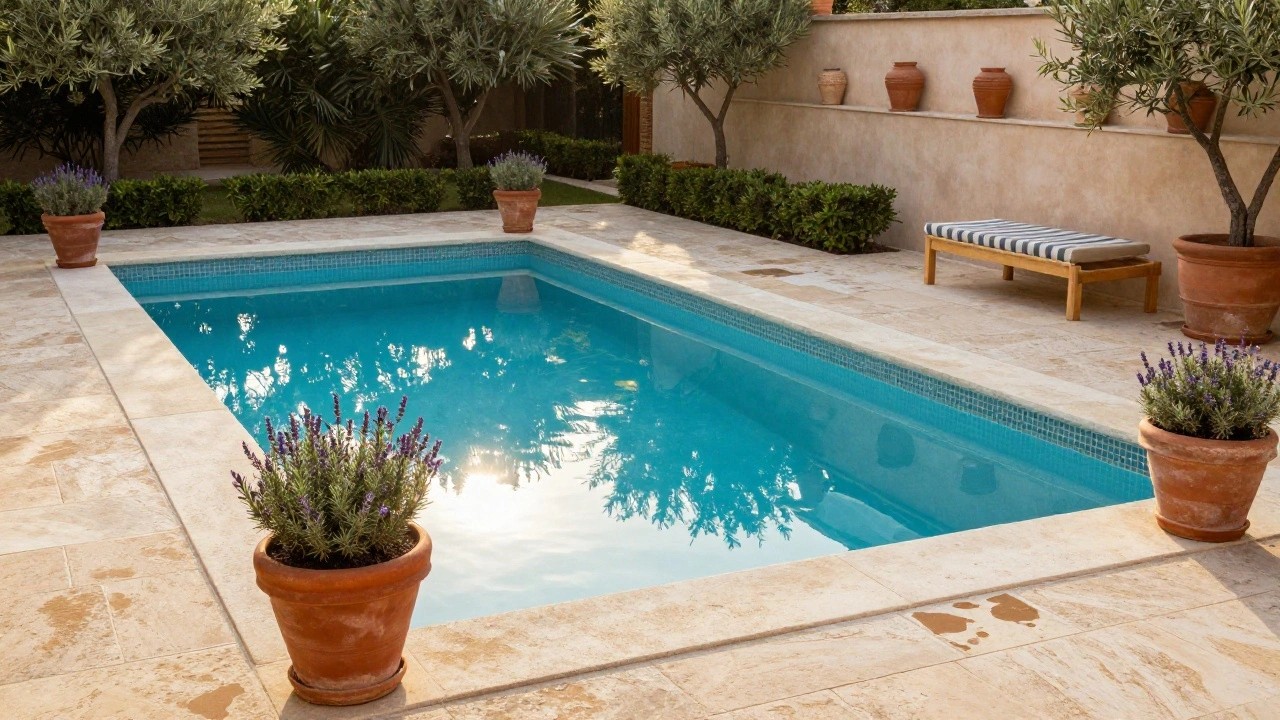 Rectangular turquoise inground pool with light beige stone decking edged by terracotta pots of purple lavender, nearby olive trees, clipped hedges, and a lounge chair in a Mediterranean-style garden.