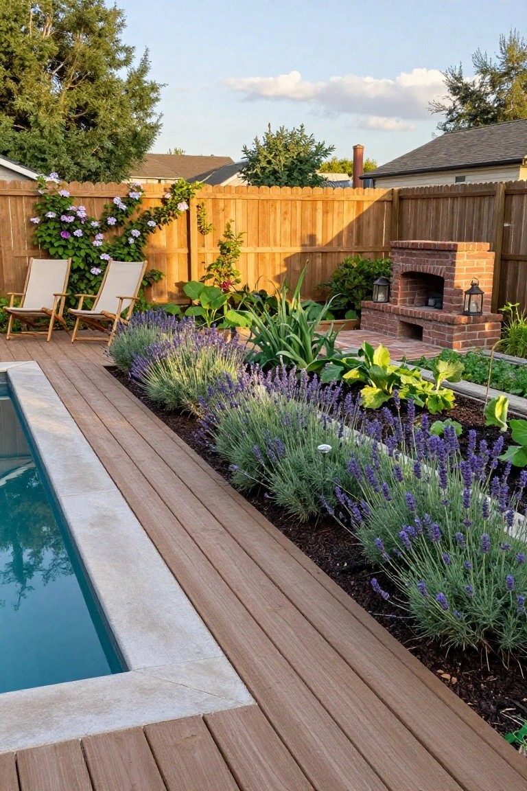 22 Gorgeous Inground Pool Landscaping That Transforms Any Yard Wooden deck beside a turquoise inground pool edged with lavender plants and mulch beds, two Adirondack chairs on the deck, brick fire pit nearby, wooden fence with climbing flowers in the background.