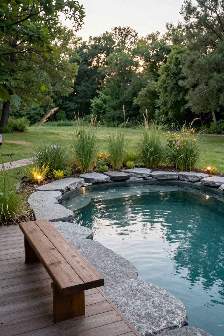 22 Gorgeous Inground Pool Landscaping That Transforms Any Yard Curved inground pool with irregular fieldstone coping and walls, surrounded by ornamental grasses, perennials, uplights, and mulch, wooden bench on wooden deck nearby, green lawn and trees in background at dusk.