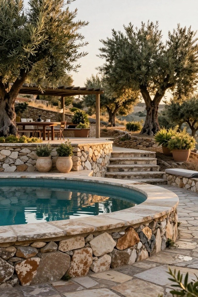 22 Gorgeous Inground Pool Landscaping That Transforms Any Yard Small turquoise inground pool with curved natural stone edging and surrounding dry-stack stone walls, terraced steps leading to a wooden pergola with dining table amid olive trees and potted plants on a hillside.
