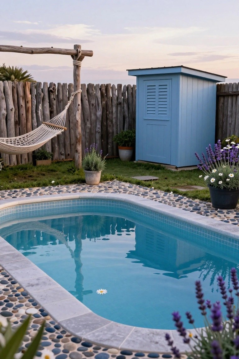 22 Gorgeous Inground Pool Landscaping That Transforms Any Yard Oval inground pool with light blue tiles and gray pebble-stone edging, surrounded by lavender plants, daisies, a hammock on wooden stand, rustic pole fence, and blue shed in a pebbled garden yard at sunset.