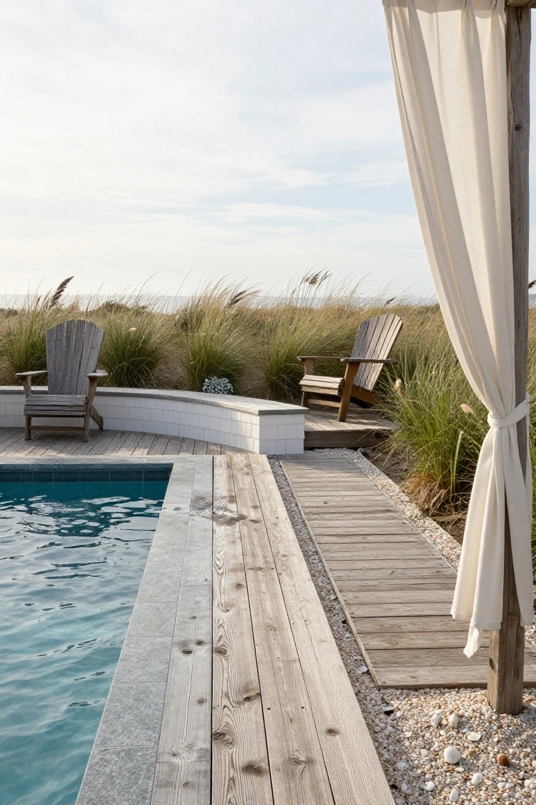 22 Gorgeous Inground Pool Landscaping That Transforms Any Yard Wooden Adirondack chairs on a weathered gray wood deck beside a rectangular inground pool with turquoise water and gray stone coping, surrounded by tall sea grasses, a curved white brick wall, narrow wood path edged in pebbles, and a tall white sheer curtain hanging from a wood post.