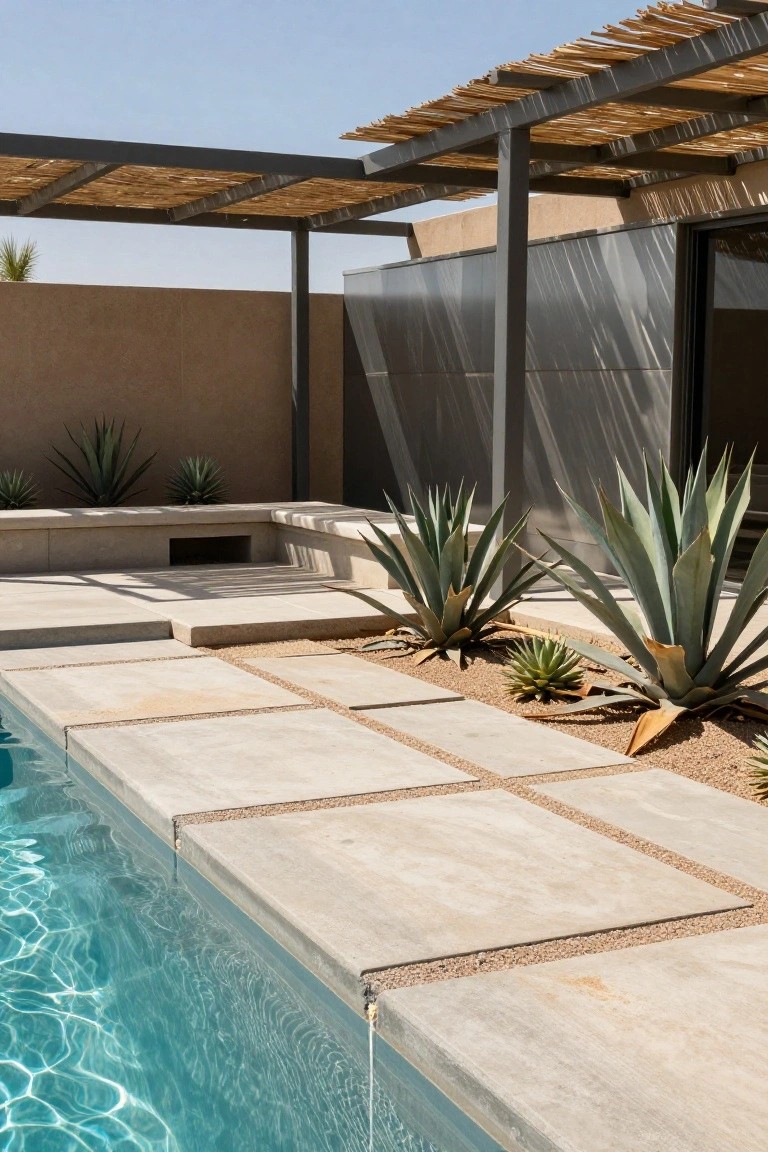 22 Gorgeous Inground Pool Landscaping That Transforms Any Yard Inground pool with light gray concrete deck pavers, gravel beds planted with multiple large blue-green agave succulents, built-in stone bench, reed-covered metal pergola, and beige stucco wall under clear blue sky.