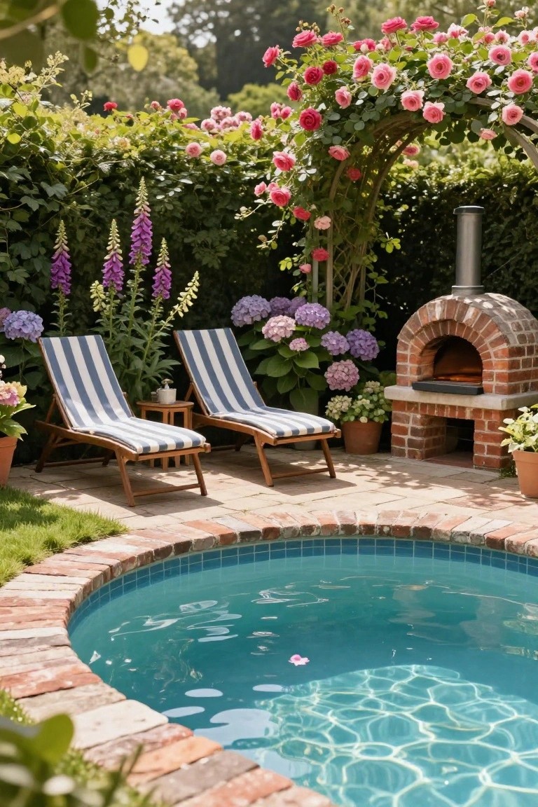 22 Gorgeous Inground Pool Landscaping That Transforms Any Yard Small turquoise inground pool with brick edging and surround, two navy-and-white striped lounge chairs on wooden frames nearby, brick pizza oven on patio, and surrounding plants including pink roses, purple foxgloves, and lavender hydrangeas.