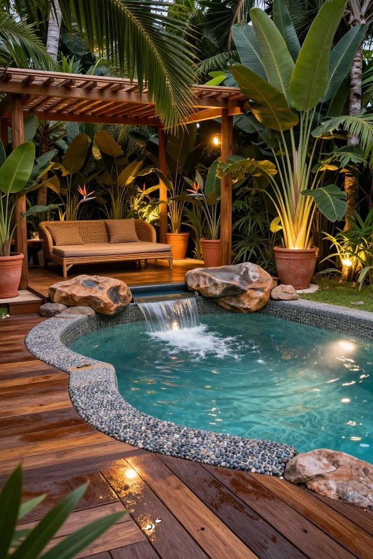 22 Gorgeous Inground Pool Landscaping That Transforms Any Yard Curved turquoise inground pool with stacked rock waterfall at one end, wooden deck edged in pebbles, surrounding tropical plants and palms, pergola with rattan seating, and soft lighting.