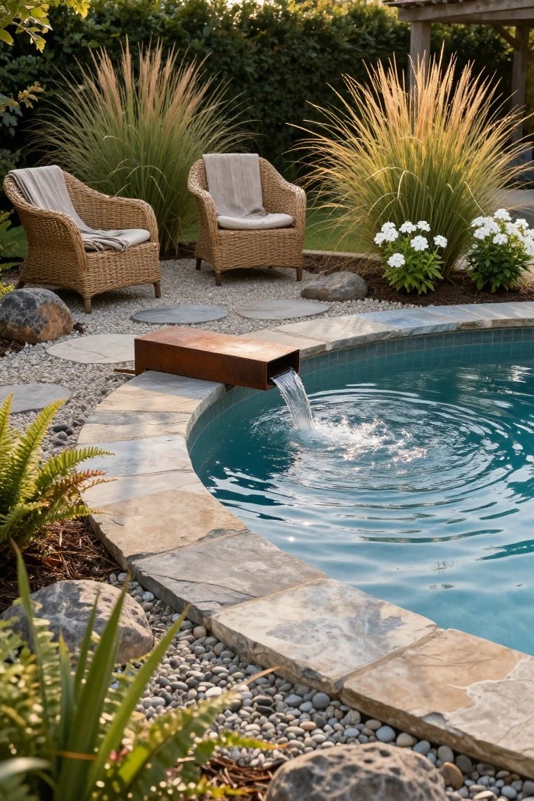 22 Gorgeous Inground Pool Landscaping That Transforms Any Yard Curved turquoise inground pool with a rusted rectangular metal box mounted on the stone edge pouring a stream of water into the pool, surrounded by pebbles, rocks, ferns, tall ornamental grasses, and two wicker armchairs on gravel nearby.