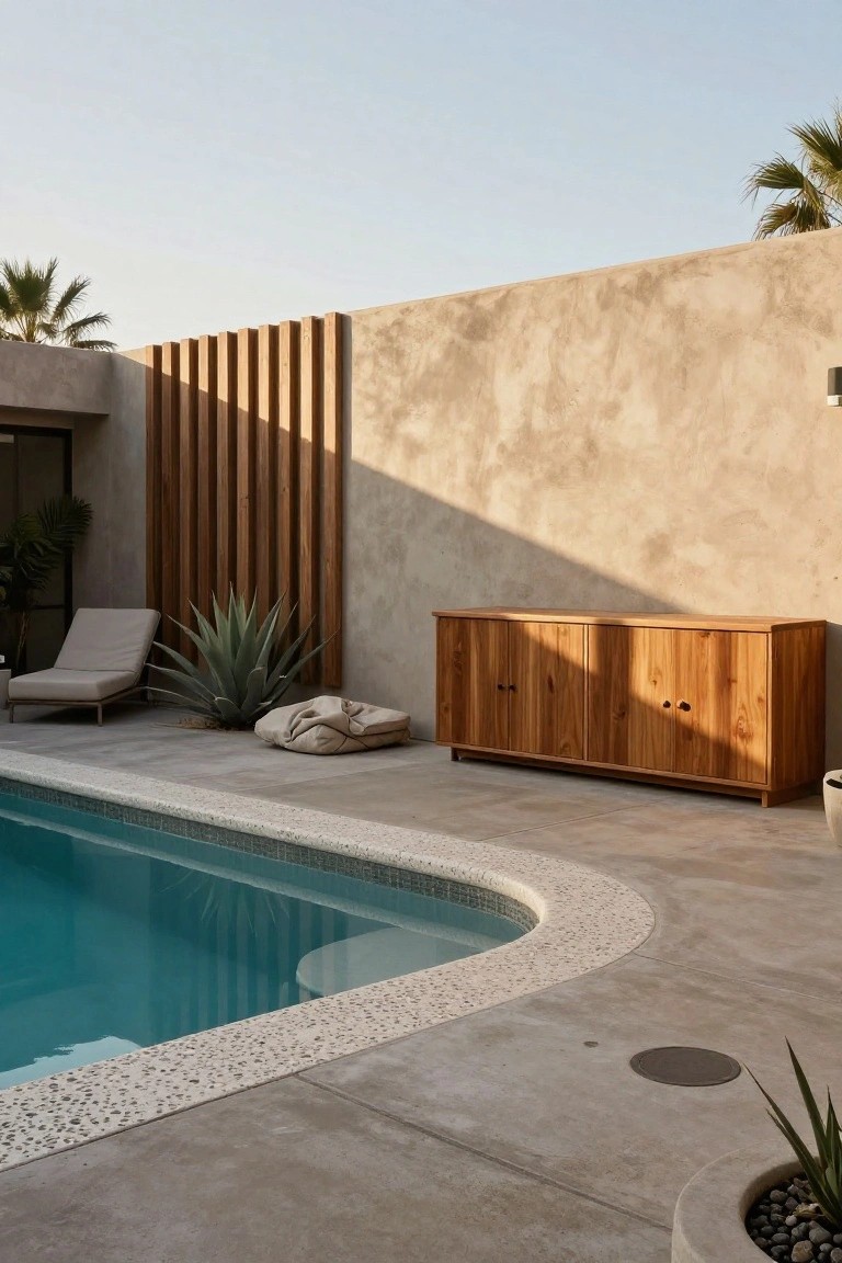 22 Gorgeous Inground Pool Landscaping That Transforms Any Yard Curved turquoise inground pool with white pebble edging on a concrete deck, beside a beige chaise lounge, large agave plant, low white pouf, tall wooden credenza, vertical wooden slat screen on beige stucco wall, potted plants, and palm trees.