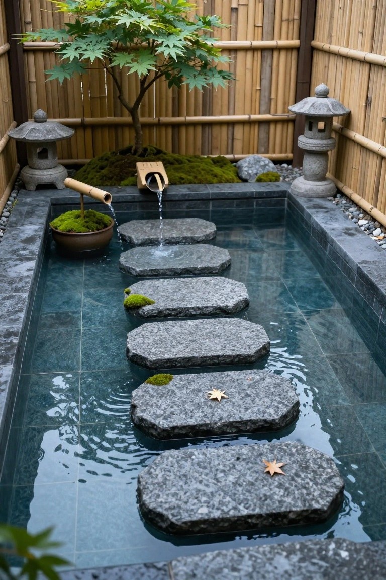 22 Gorgeous Inground Pool Landscaping That Transforms Any Yard Shallow rectangular inground pool with large flat gray stone stepping stones across the water surface, moss on stones and edges, bamboo fence enclosure, stone lanterns, small potted moss plant, and bamboo water spout nearby.