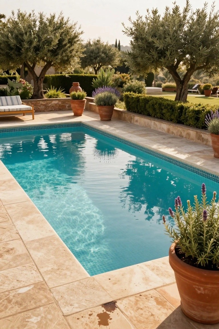 22 Gorgeous Inground Pool Landscaping That Transforms Any Yard Rectangular turquoise inground pool with light beige stone decking edged by terracotta pots of purple lavender, nearby olive trees, clipped hedges, and a lounge chair in a Mediterranean-style garden.