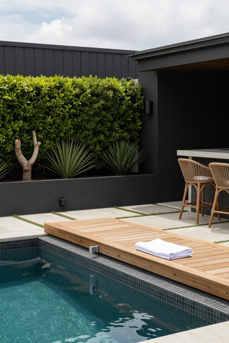 22 Gorgeous Inground Pool Landscaping That Transforms Any Yard Inground pool with turquoise mosaic tiles and a light wood deck platform extending over one edge, a white towel on the deck, concrete bar with two rattan stools, black fence, green hedges, and agave plants in the background.