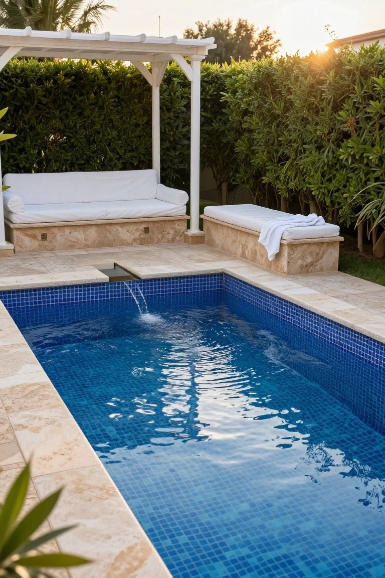 Small rectangular pool lined with bright blue mosaic tiles and a waterfall inlet, surrounded by beige travertine decking, a white pergola with cushioned seating, green hedges, and potted plants at sunset.