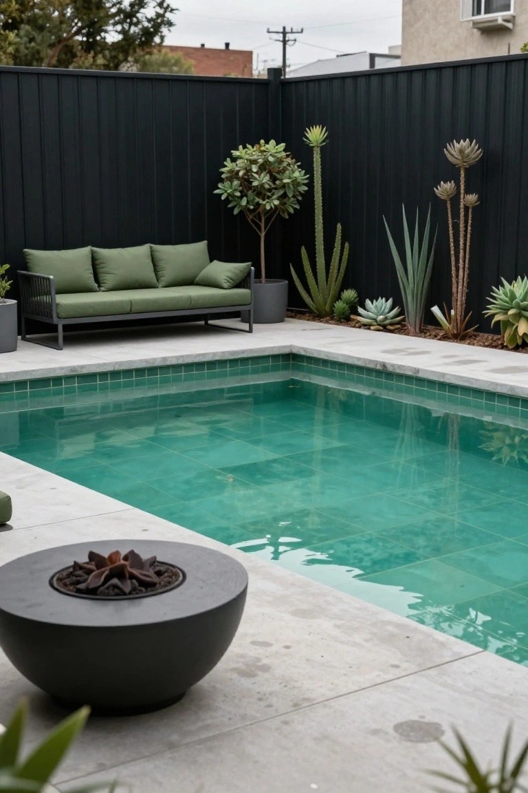 Rectangular pool with emerald green mosaic tiles and clear water, bordered by light grey pavers, black cylindrical fire pit nearby, green metal-framed sofa against tall black fence with various succulents.