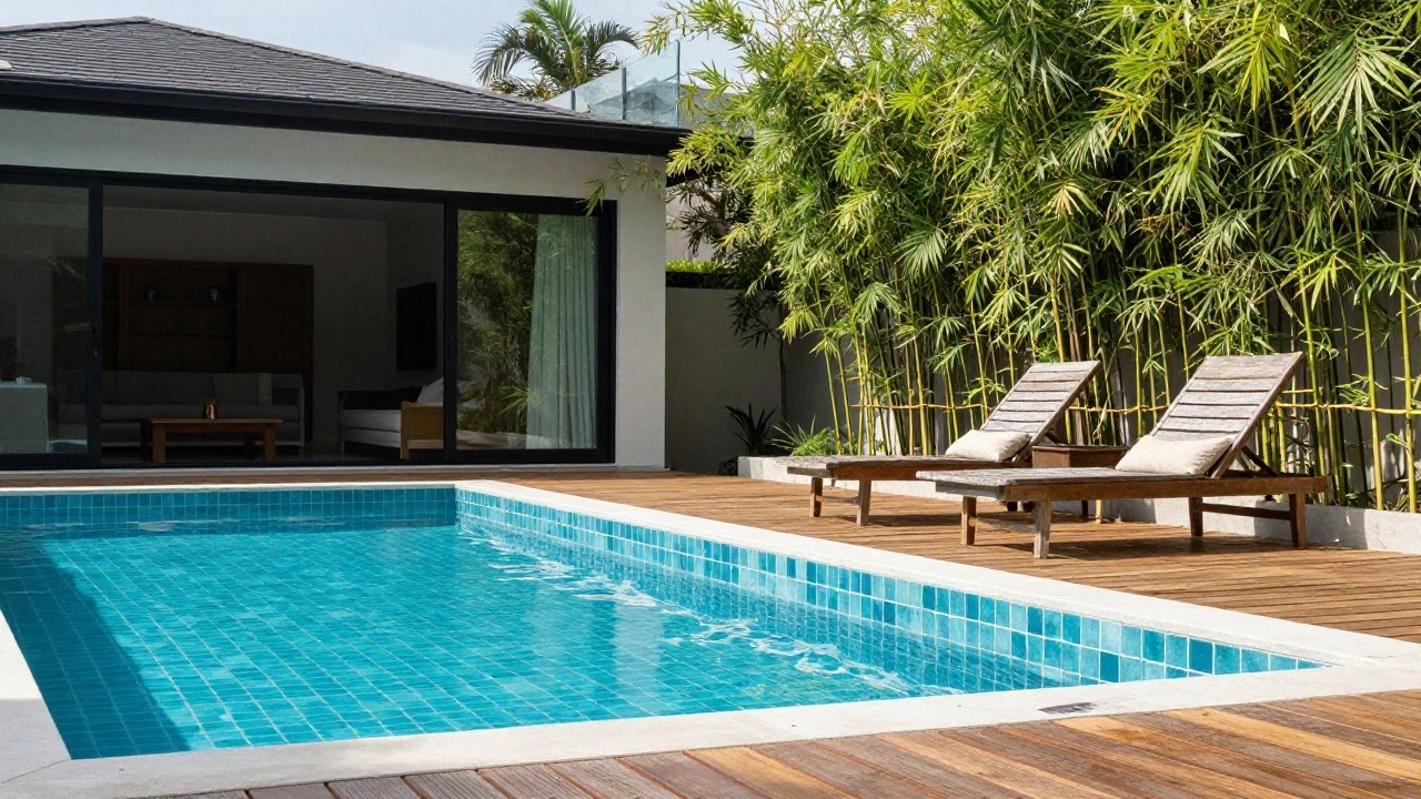 A rectangular pool with glossy turquoise mosaic tile lining surrounded by wooden decking, white stone edging, lounge chairs, potted plants, and bamboo screening next to a modern house exterior.