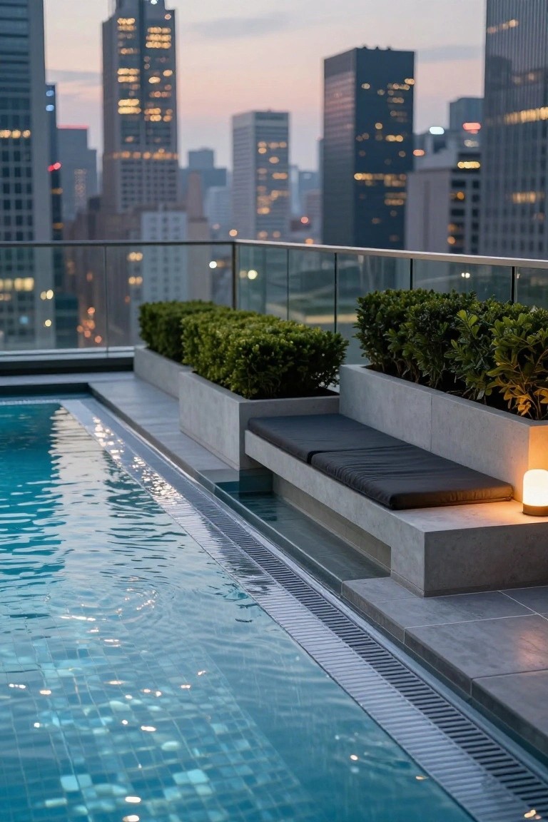 Rooftop infinity-edge pool with turquoise mosaic tiles, concrete bench seating, boxwood planters in gray troughs, and a white lantern beside the pool, overlooking city skyline at dusk.