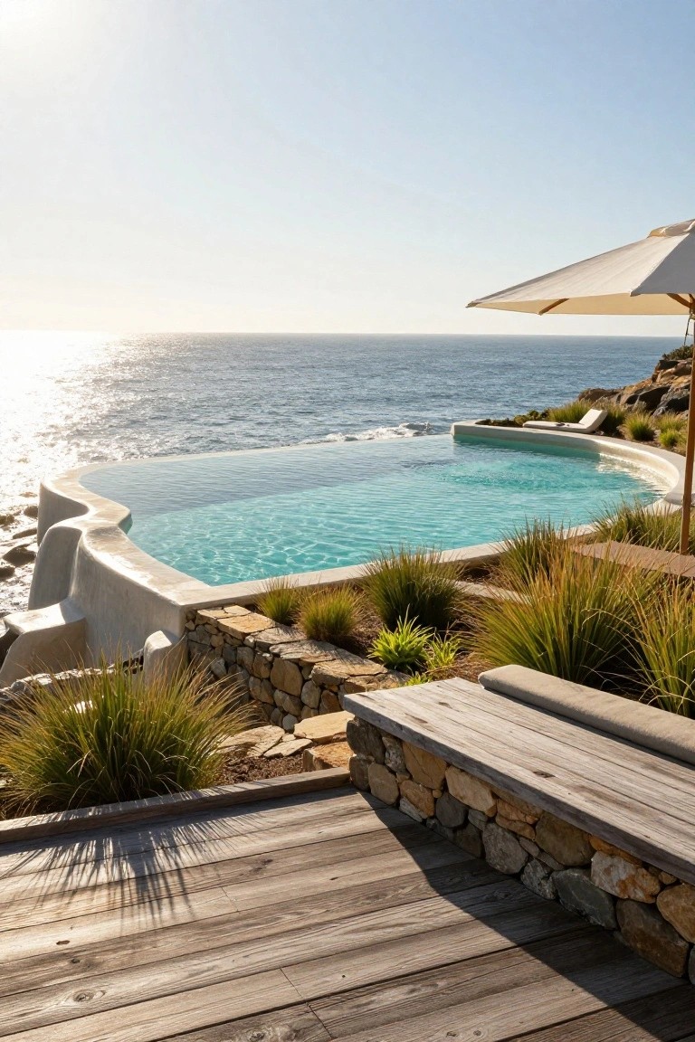 White curved infinity-edge pool filled with turquoise water overlooking the ocean, with wooden decking, stone bench, grasses, and beige umbrella nearby.