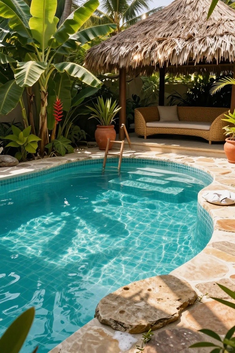 Curved turquoise mosaic-tiled pool with wooden steps, next to a thatched roof pavilion holding a beige sofa, surrounded by banana plants, ferns, and terracotta pots on a stone patio.