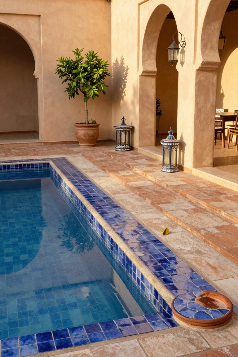 Outdoor rectangular pool with bright blue mosaic tiles, edged in terracotta paving, adjacent to arched doorways, blue lanterns, potted orange tree, and dining area in a Moroccan-style courtyard.
