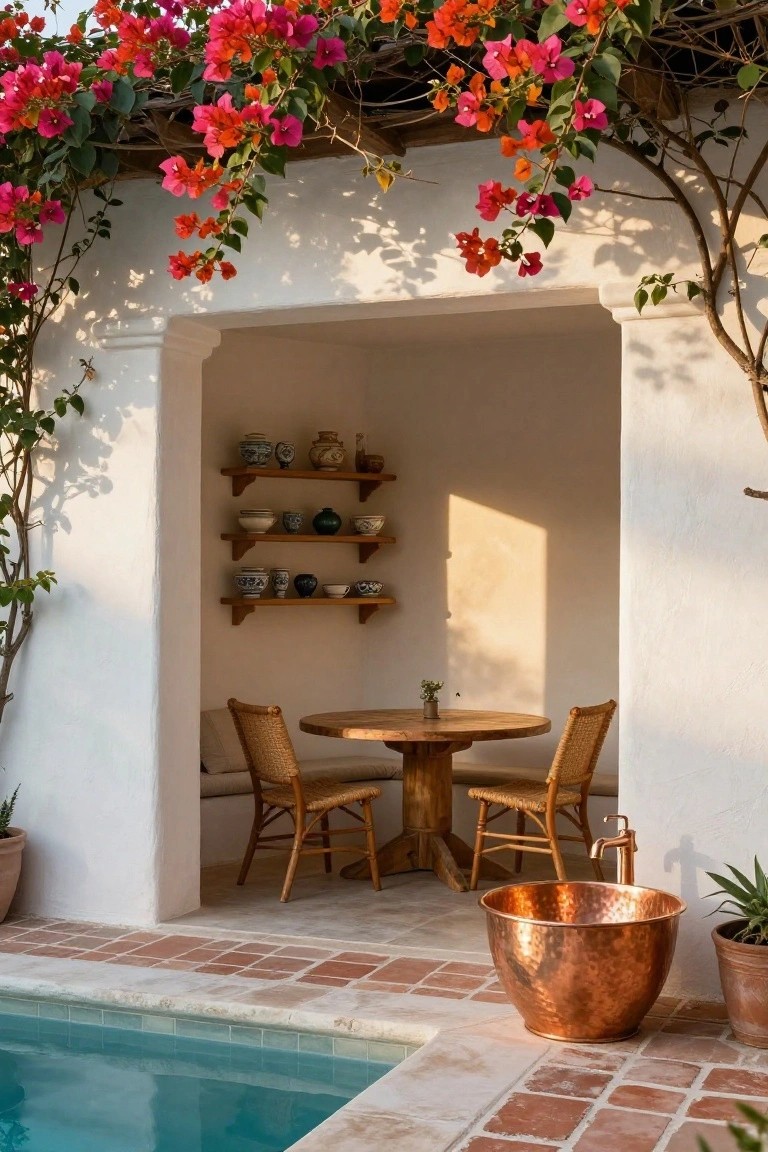White stucco arched alcove outdoors with wooden shelves holding ceramic pots and vases, round wooden table with two rattan chairs inside, copper basin and potted plants nearby, swimming pool edge, terracotta tile floor, and pink bougainvillea vines overhead.
